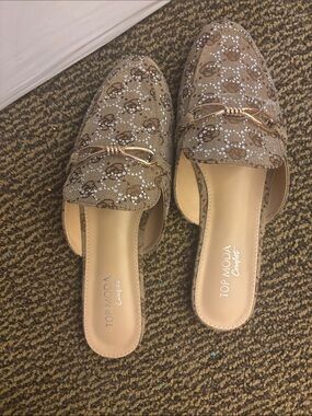 TOP Moda Tan Embellished Slip-On Mules with Gold Accent